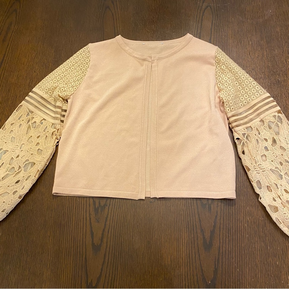 Tan Knit Cardigan with Crochet Mesh Puff Sleeves Size Small